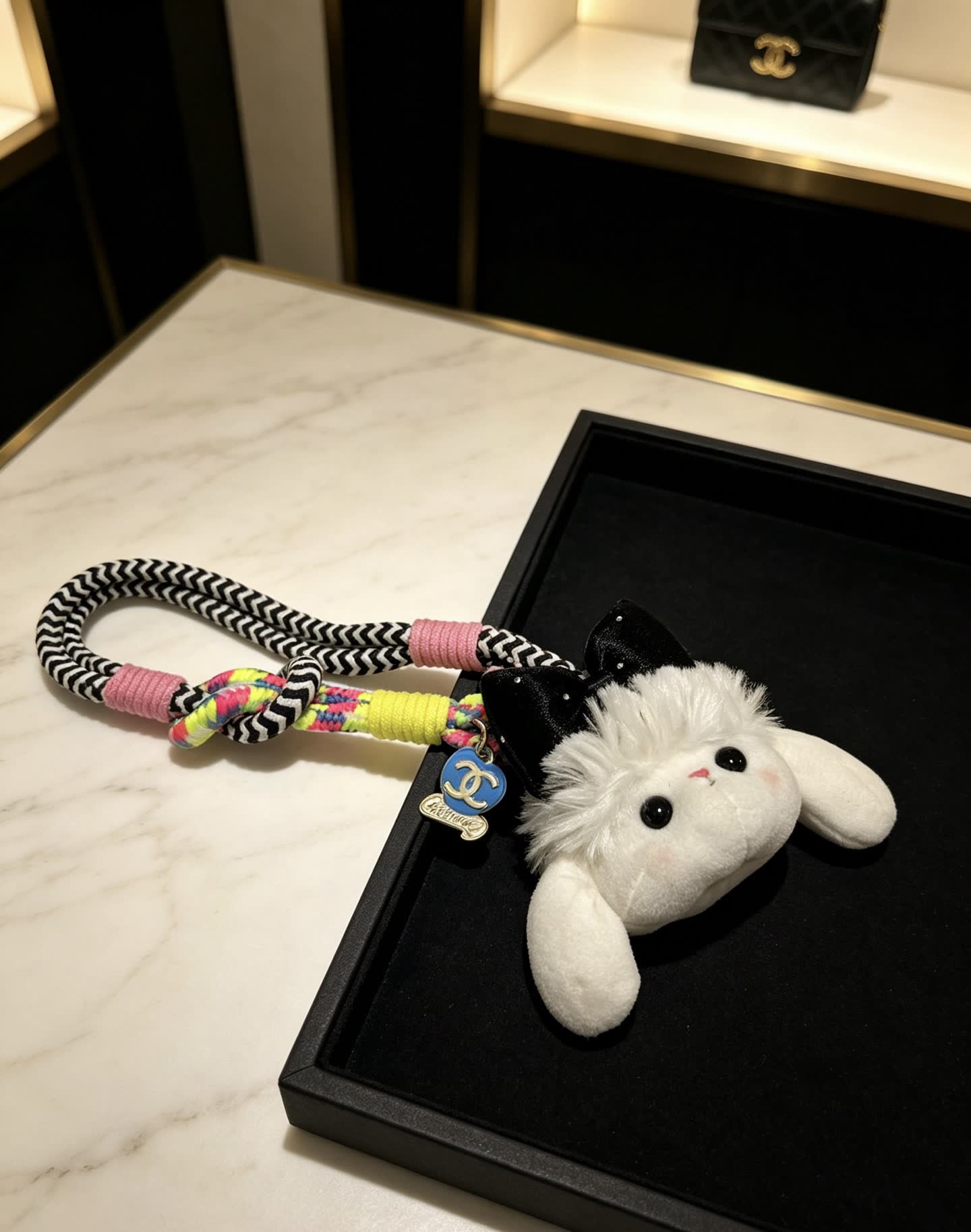Chanel White Rabbit Charm with Black Bow and CC Logo