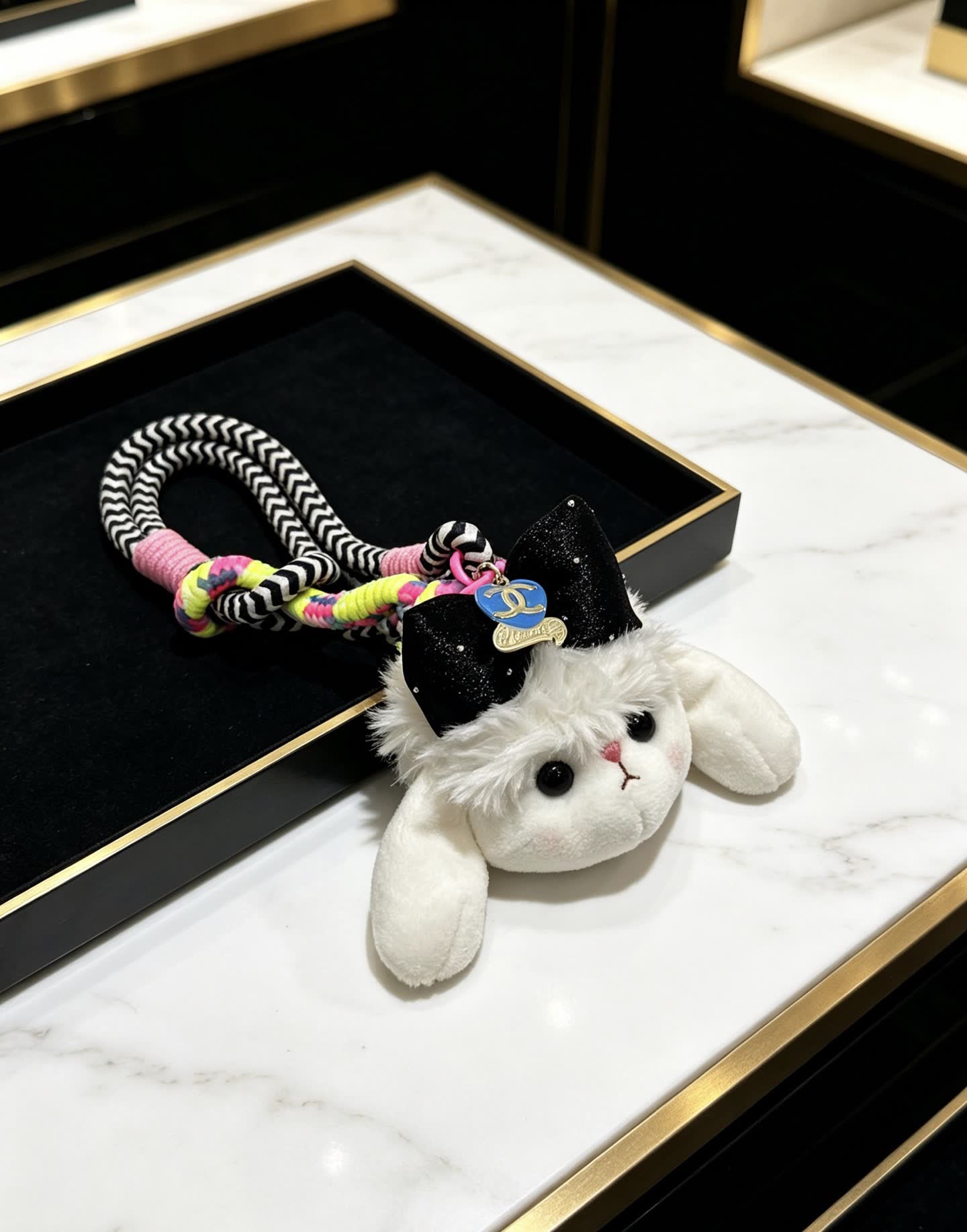 Chanel White Rabbit Charm with Black Bow and CC Logo