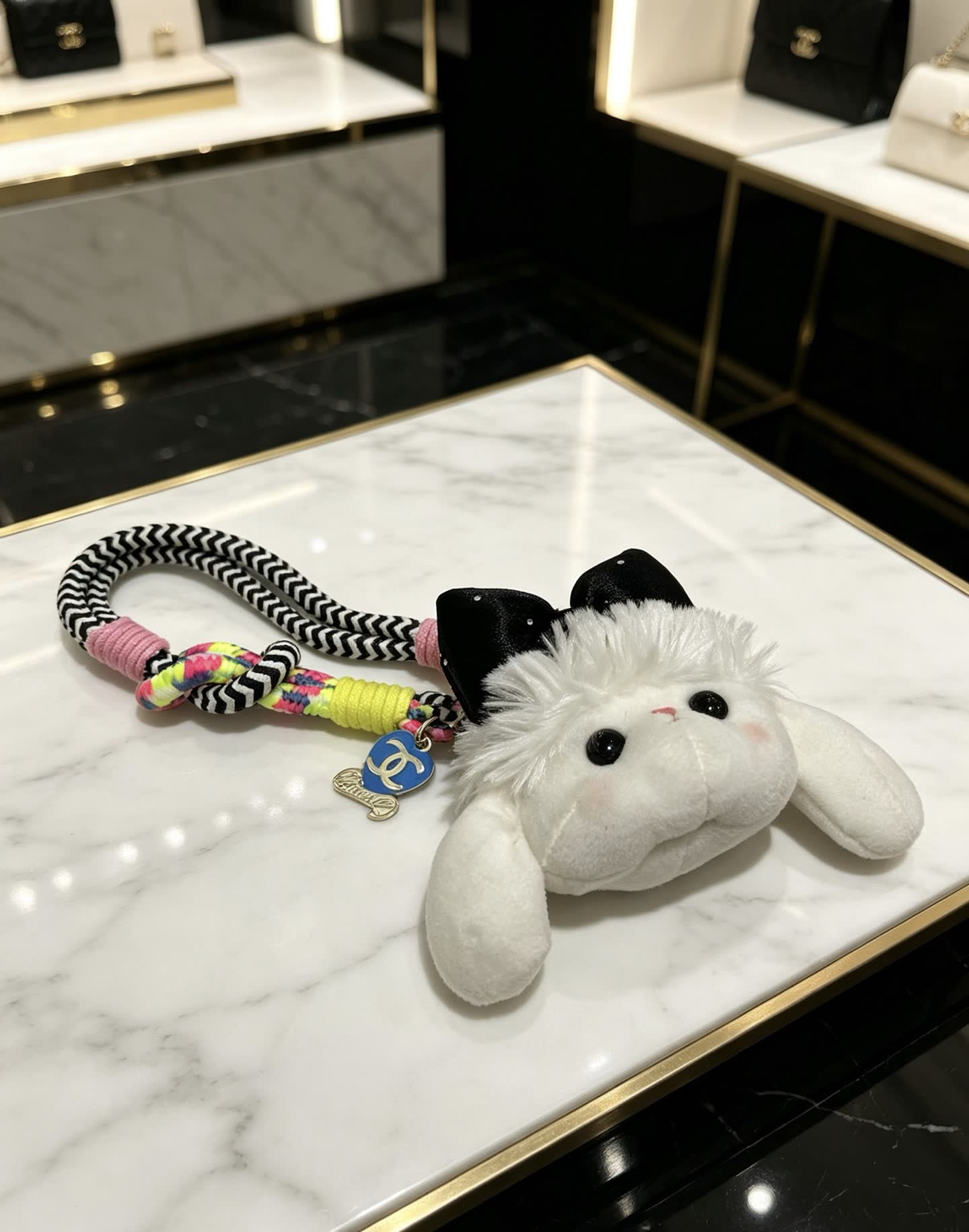 Chanel White Rabbit Charm with Black Bow and CC Logo