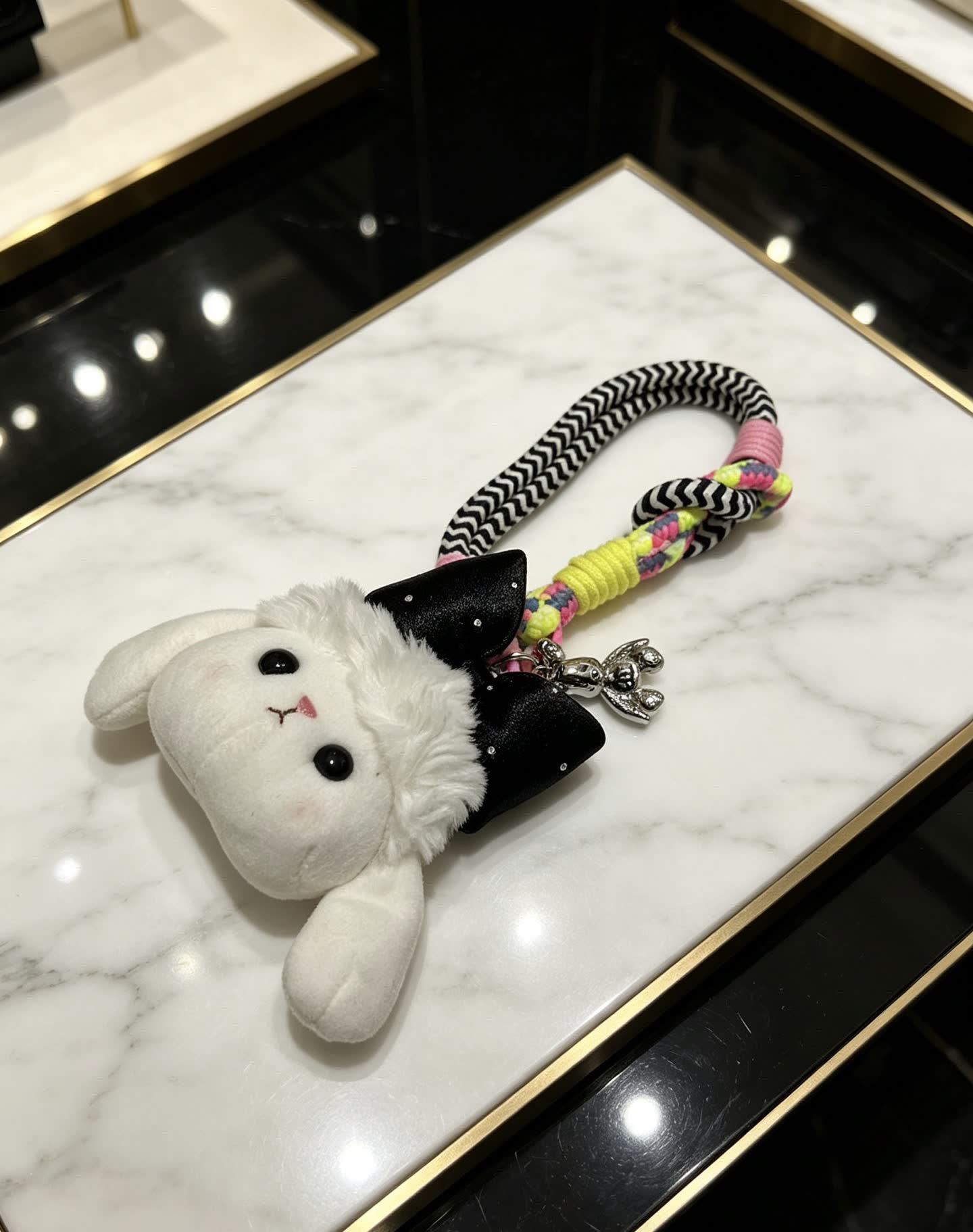 Chanel Adorable White Bunny Keychain with Black Bow and Silver Charm