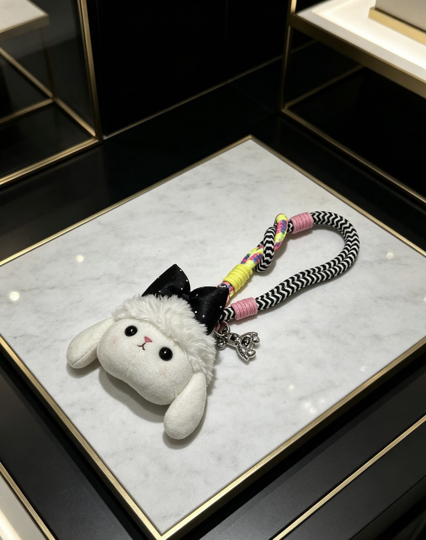 Chanel Adorable White Bunny Keychain with Black Bow and Silver Charm