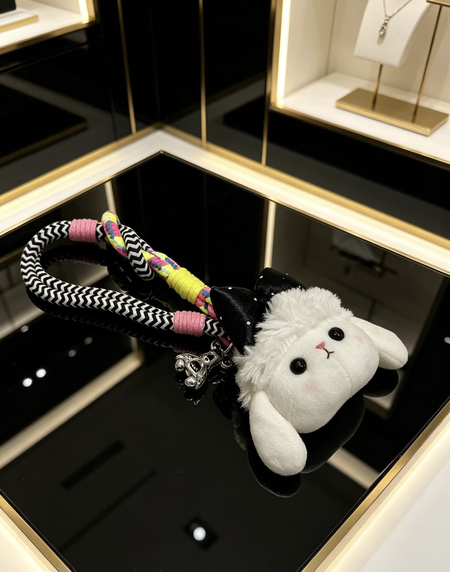 Chanel Adorable White Bunny Keychain with Black Bow and Silver Charm