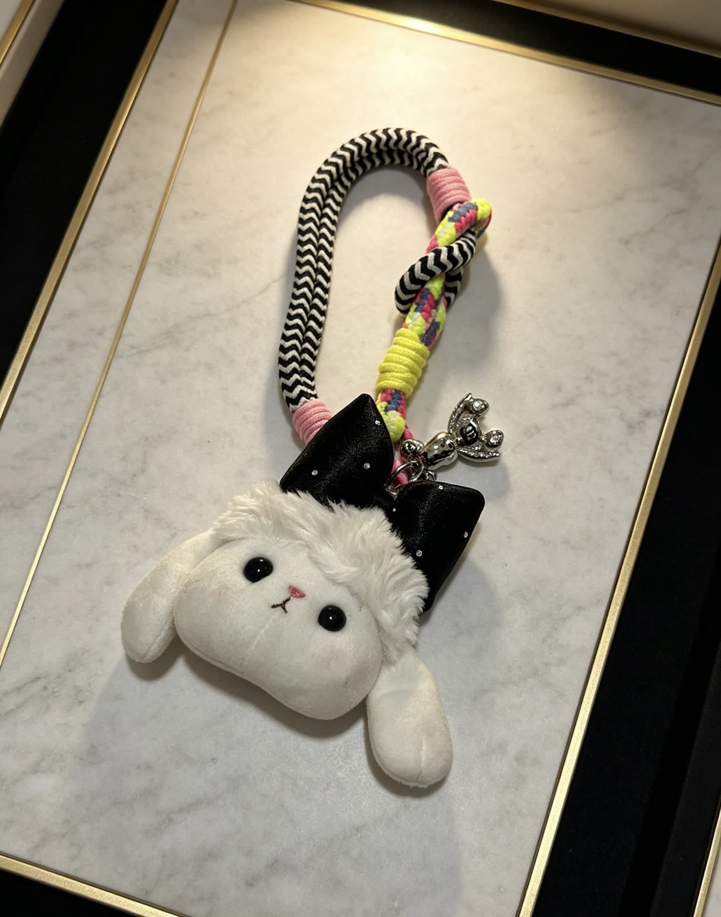 Chanel Adorable White Bunny Keychain with Black Bow and Silver Charm