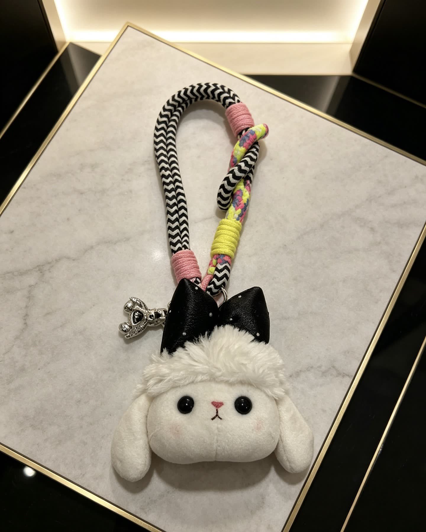 Chanel Adorable White Bunny Keychain with Black Bow and Silver Charm