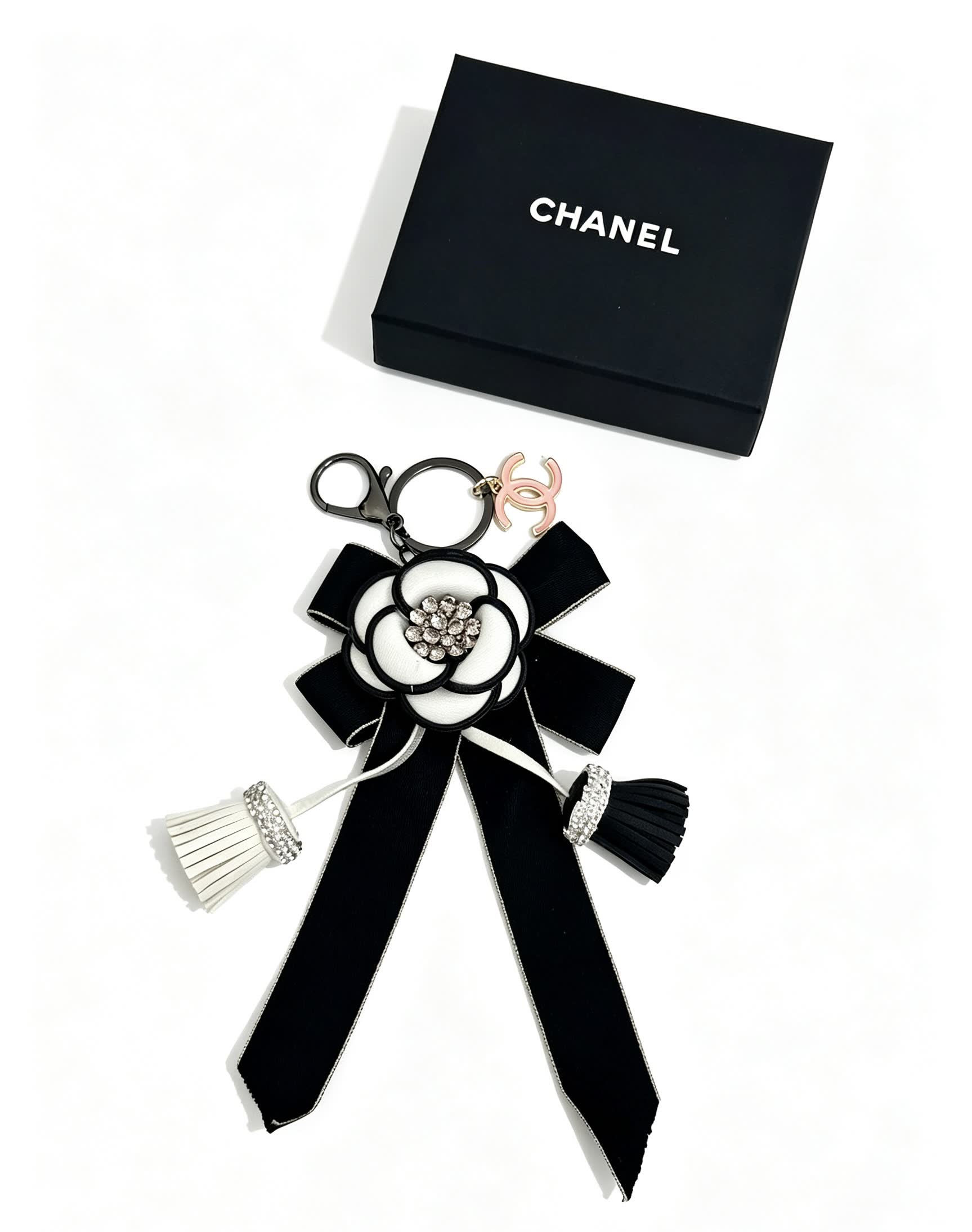 Chanel Black and White Camellia Keychain Chanel Black and White Camellia Keychain