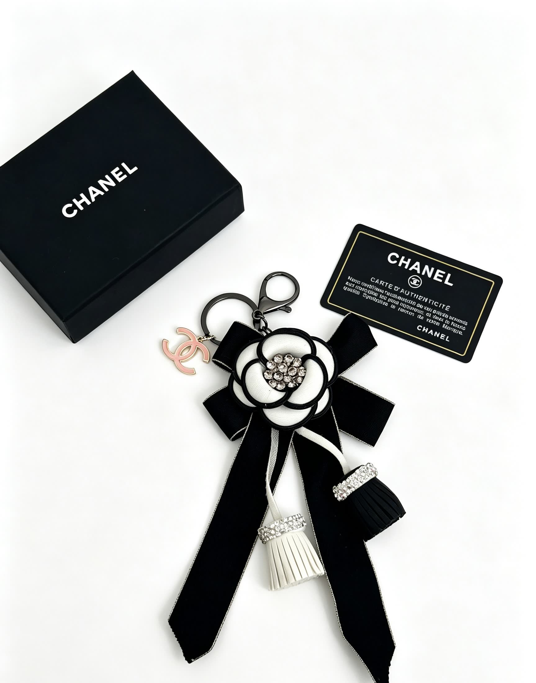 Chanel Black and White Camellia Keychain
