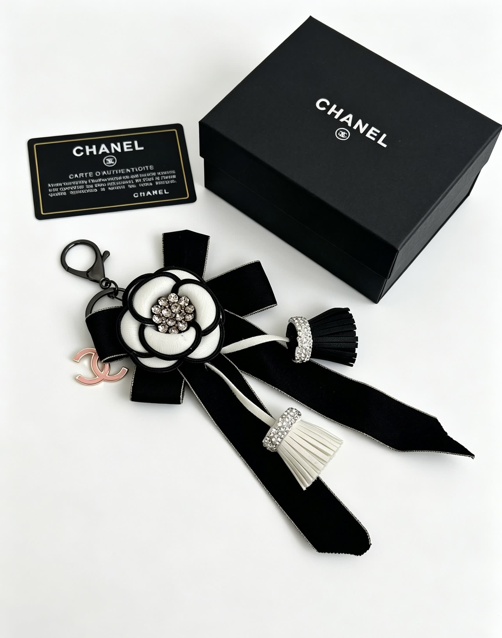Chanel Black and White Camellia Keychain