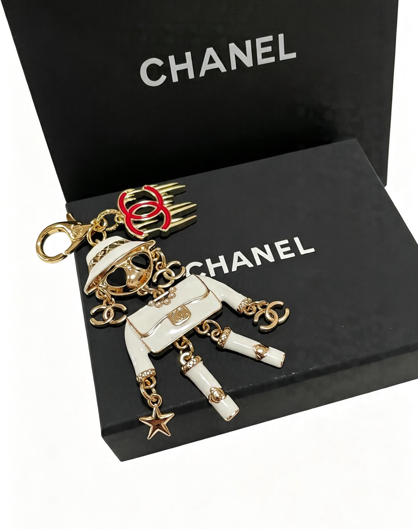 Chanel Gold and White Enamel Charm Keychain