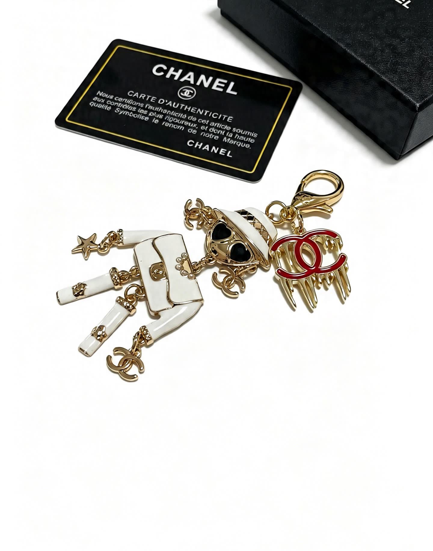 Chanel Gold and White Enamel Charm Keychain