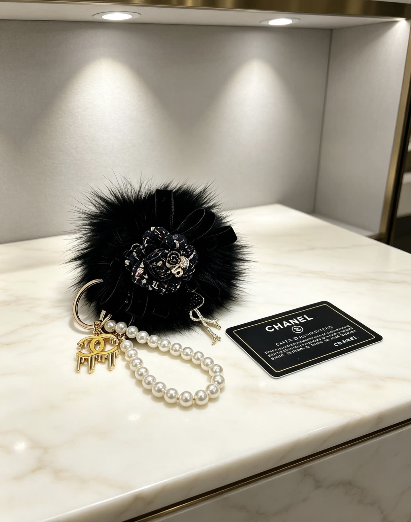 Chanel Black Furry Keychain with Pearl Bead Strap Chanel Black Furry Keychain with Pearl Bead Strap