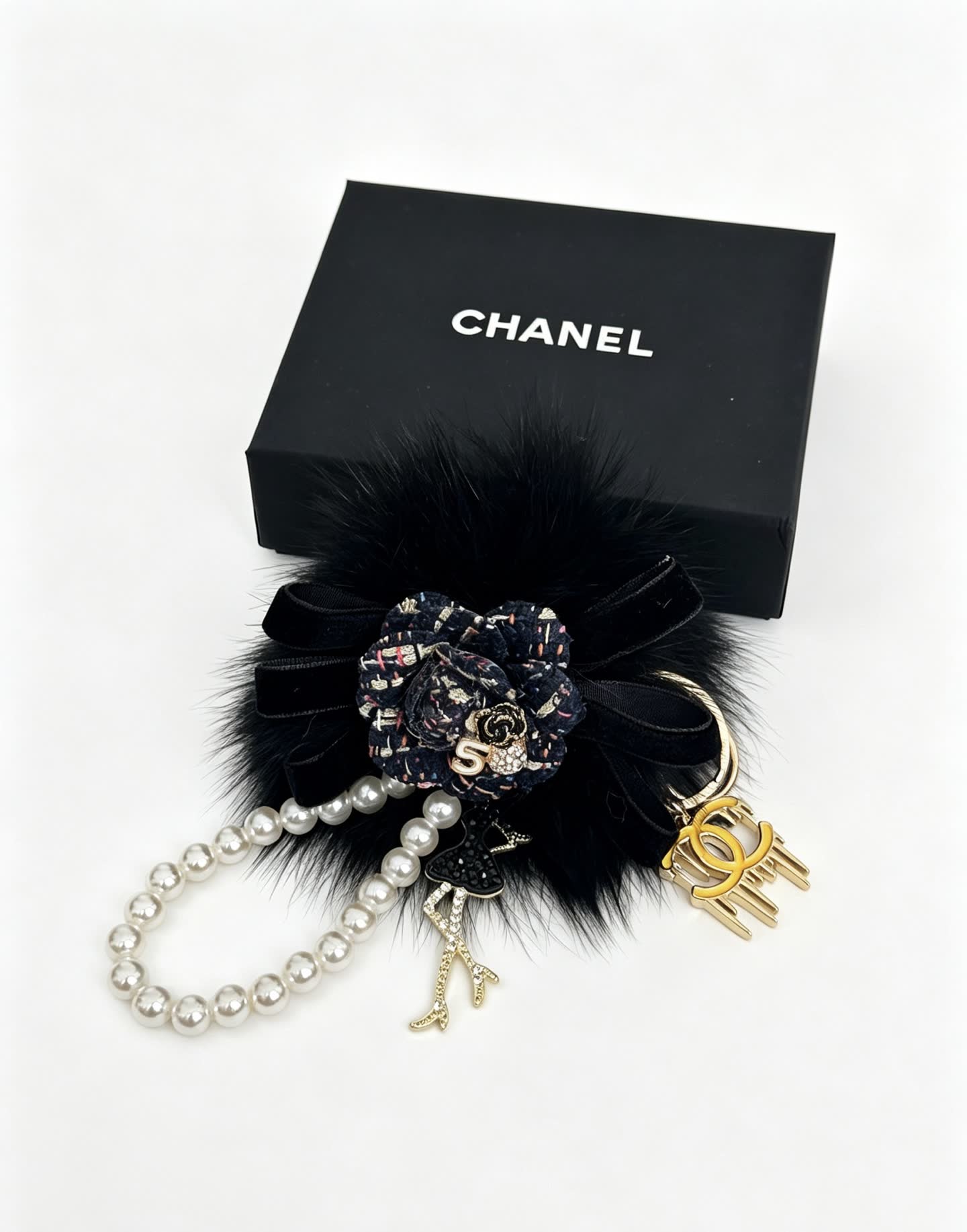 Chanel Black Furry Keychain with Pearl Bead Strap