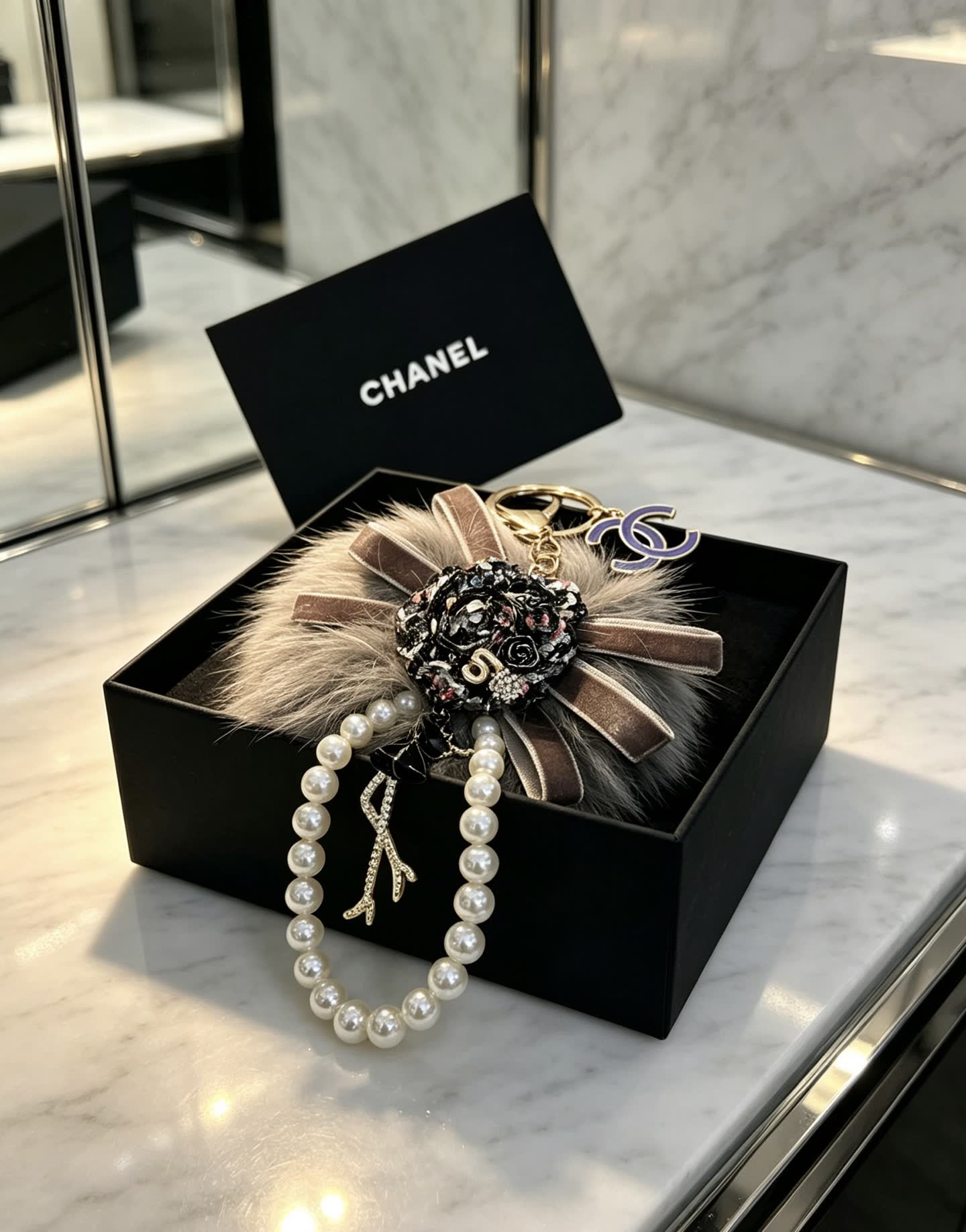 Chanel Pearl and Fur Keychain