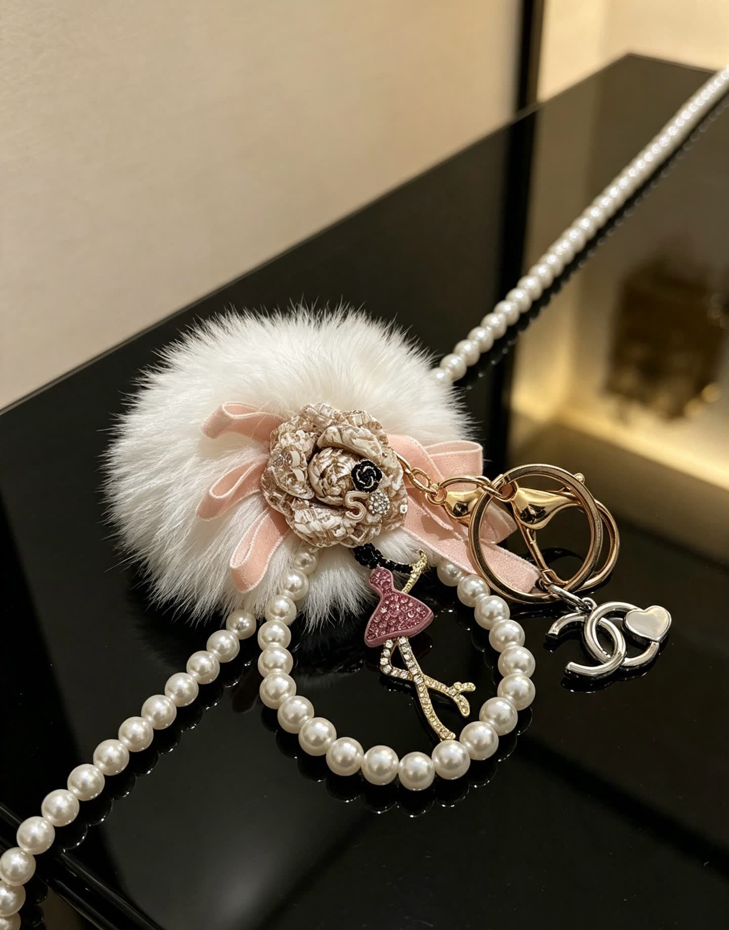 Chanel Pearl and Fur Keychain