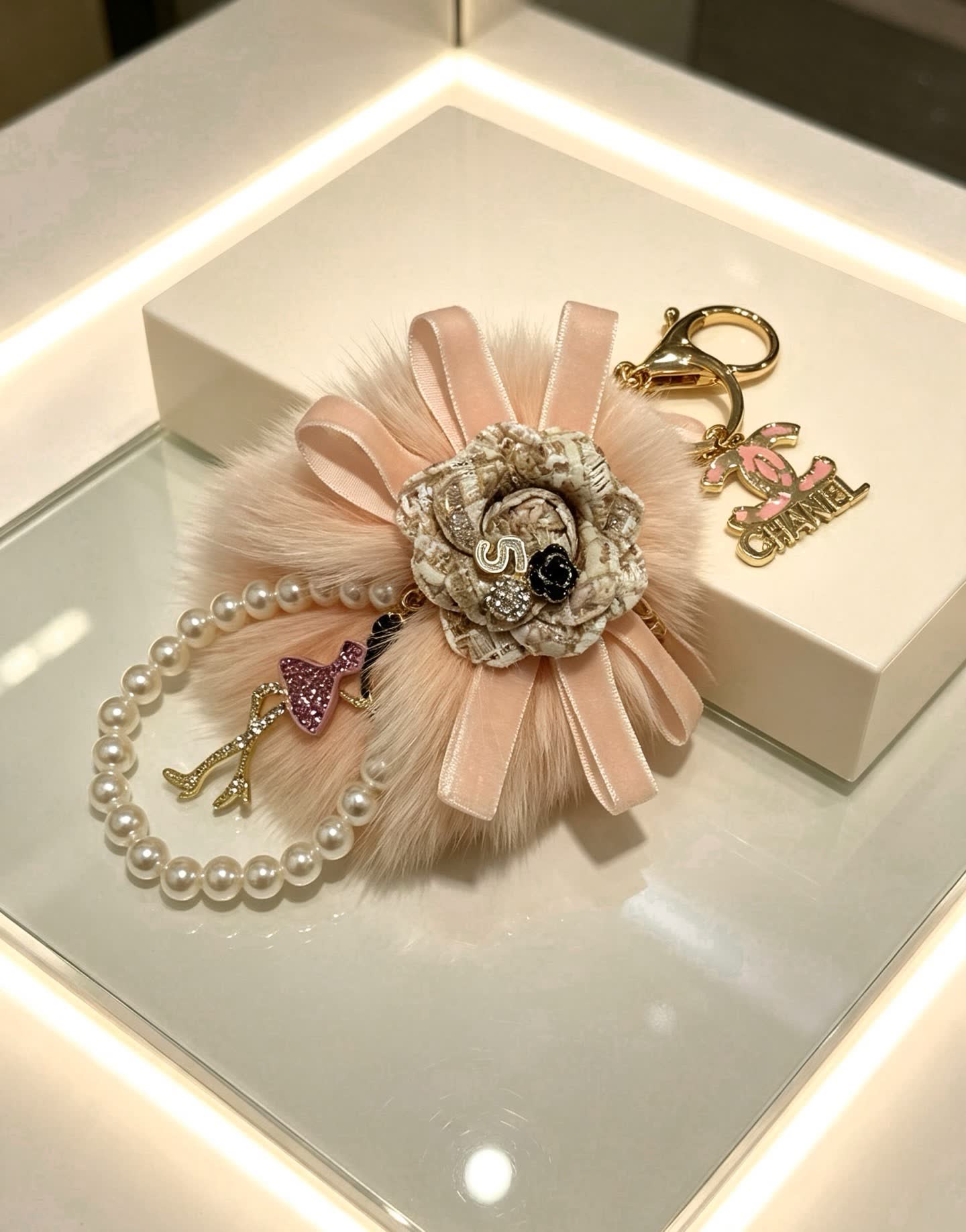 Chanel Pink Fur and Pearl Keychain