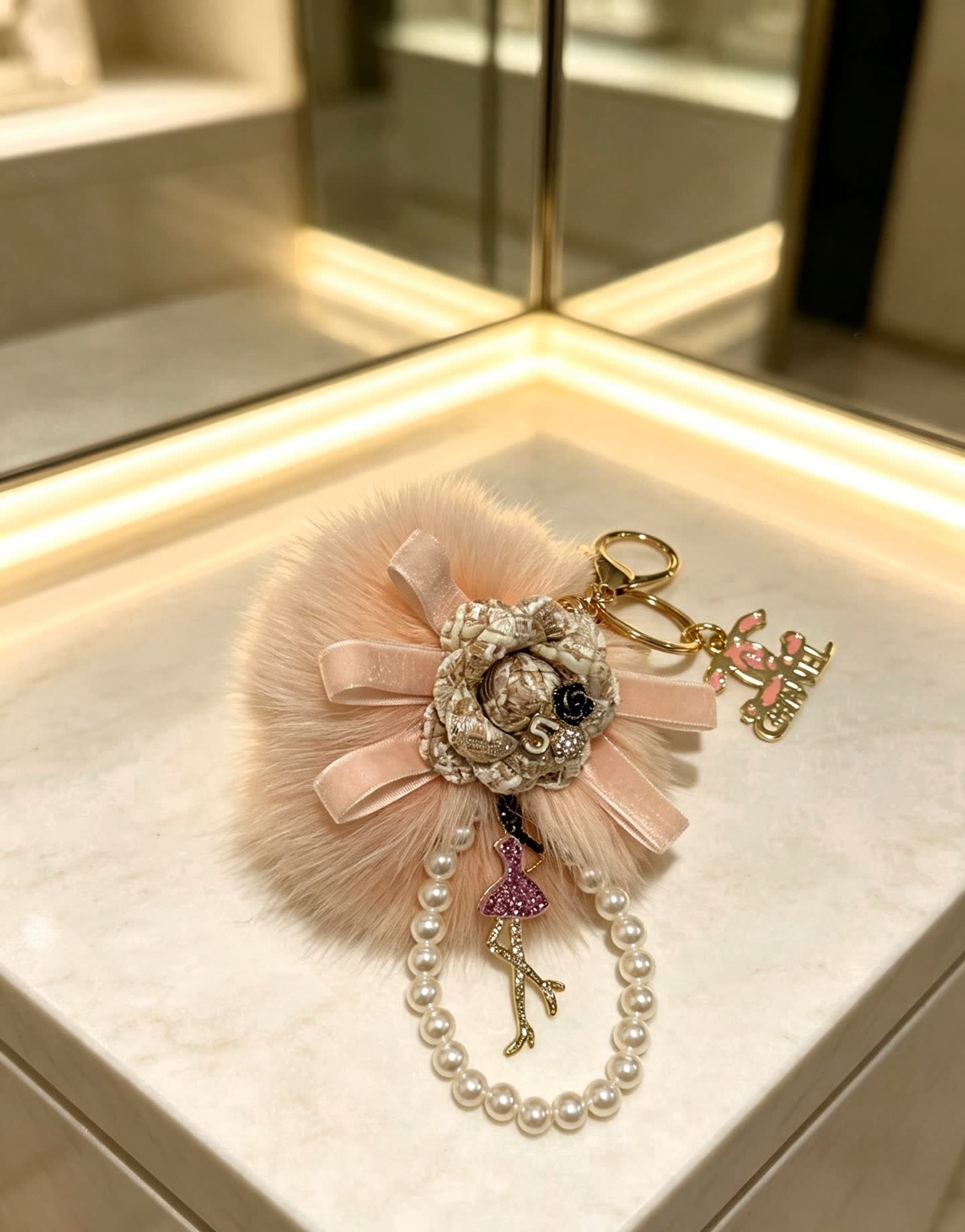 Chanel Pink Fur and Pearl Keychain