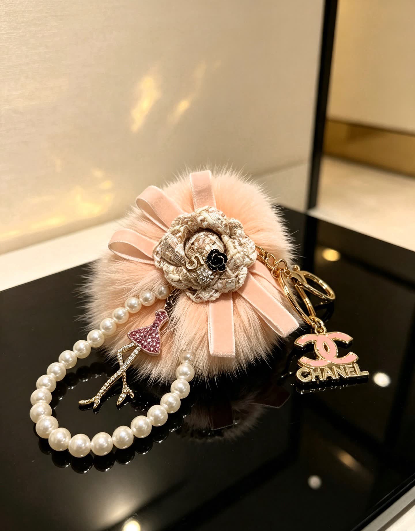 Chanel Pink Fur and Pearl Keychain