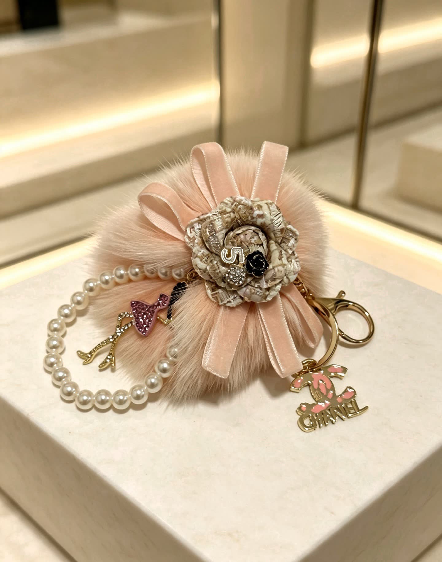 Chanel Pink Fur and Pearl Keychain