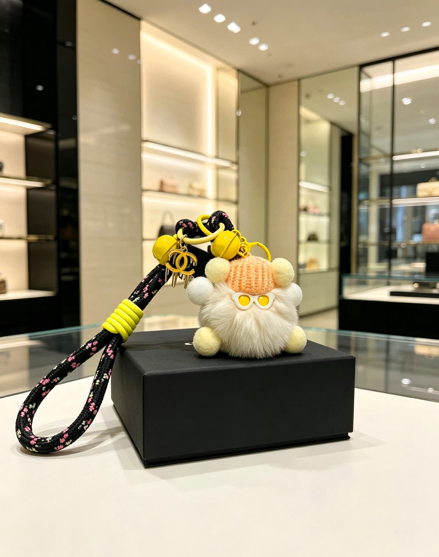 Chanel Keychain with Pom-Pom and Chain Strap