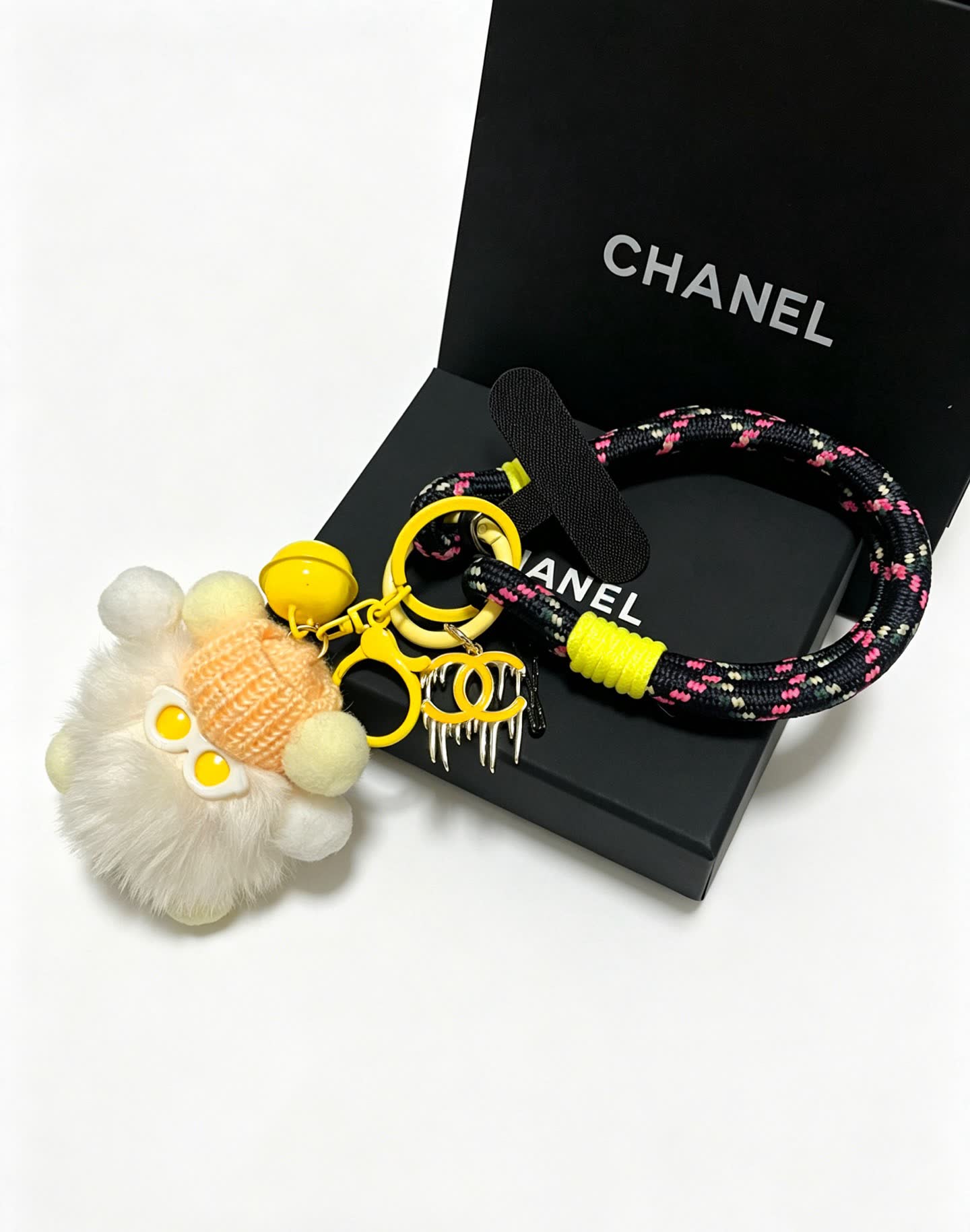 Chanel Keychain with Pom-Pom and Chain Strap