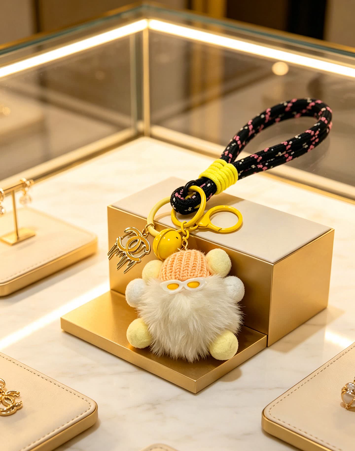 Chanel Keychain with Pom-Pom and Chain Strap