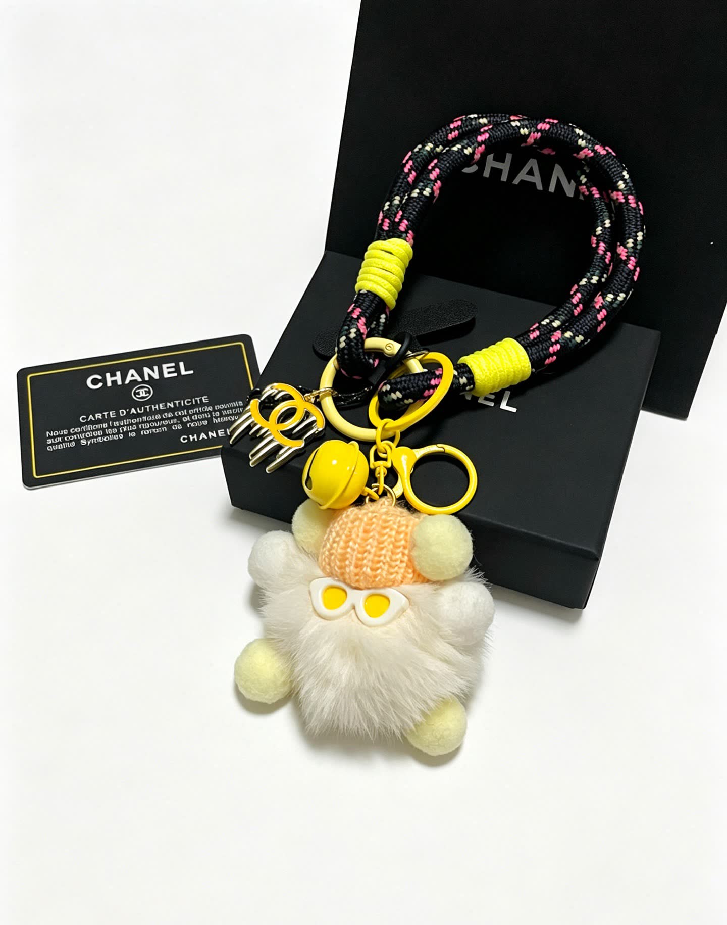 Chanel Keychain with Pom-Pom and Chain Strap