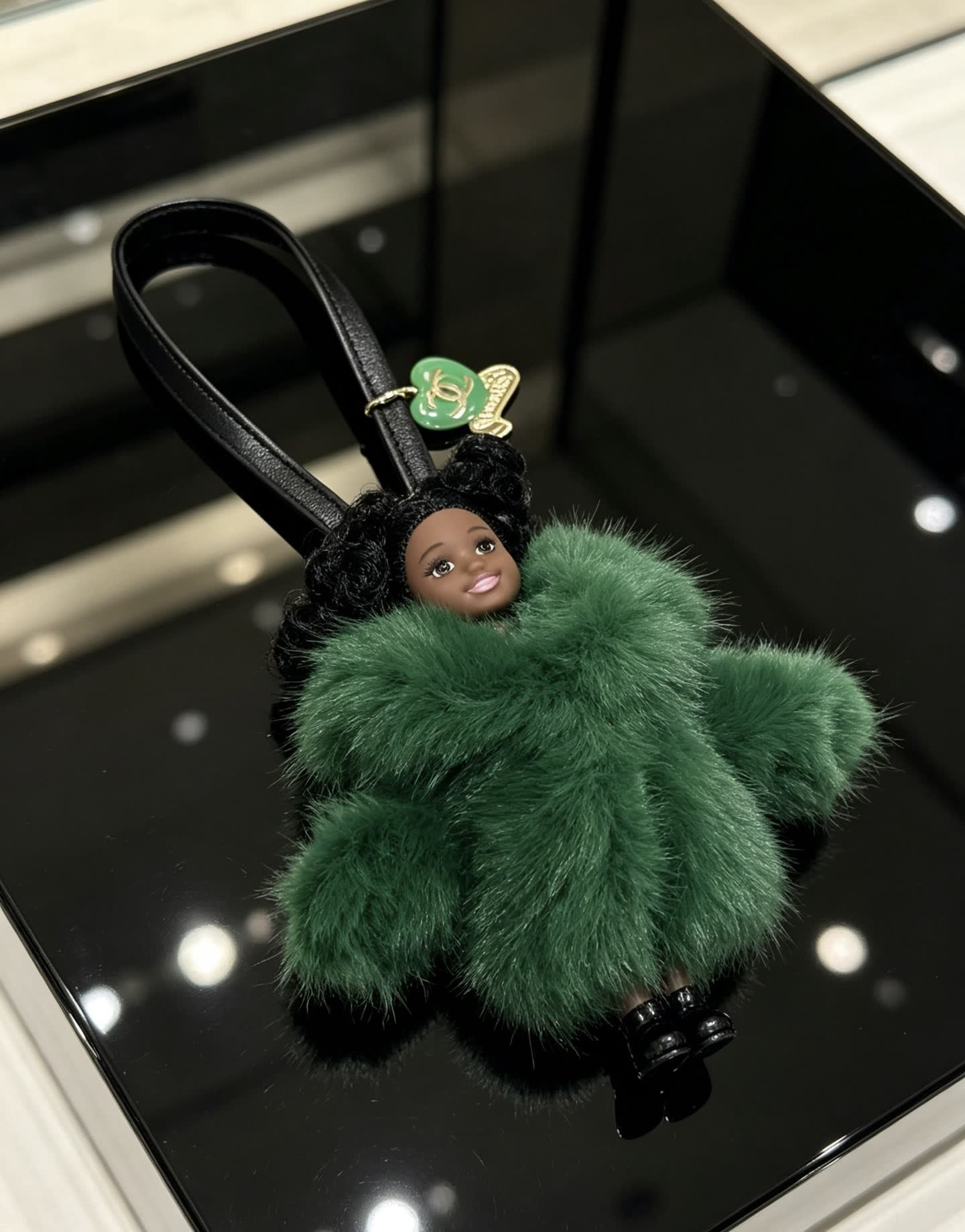 Chanel Green Furry Keychain with Doll Charm