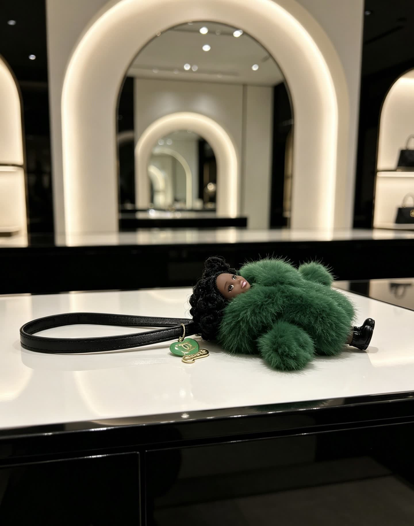 Chanel Green Furry Keychain with Doll Charm