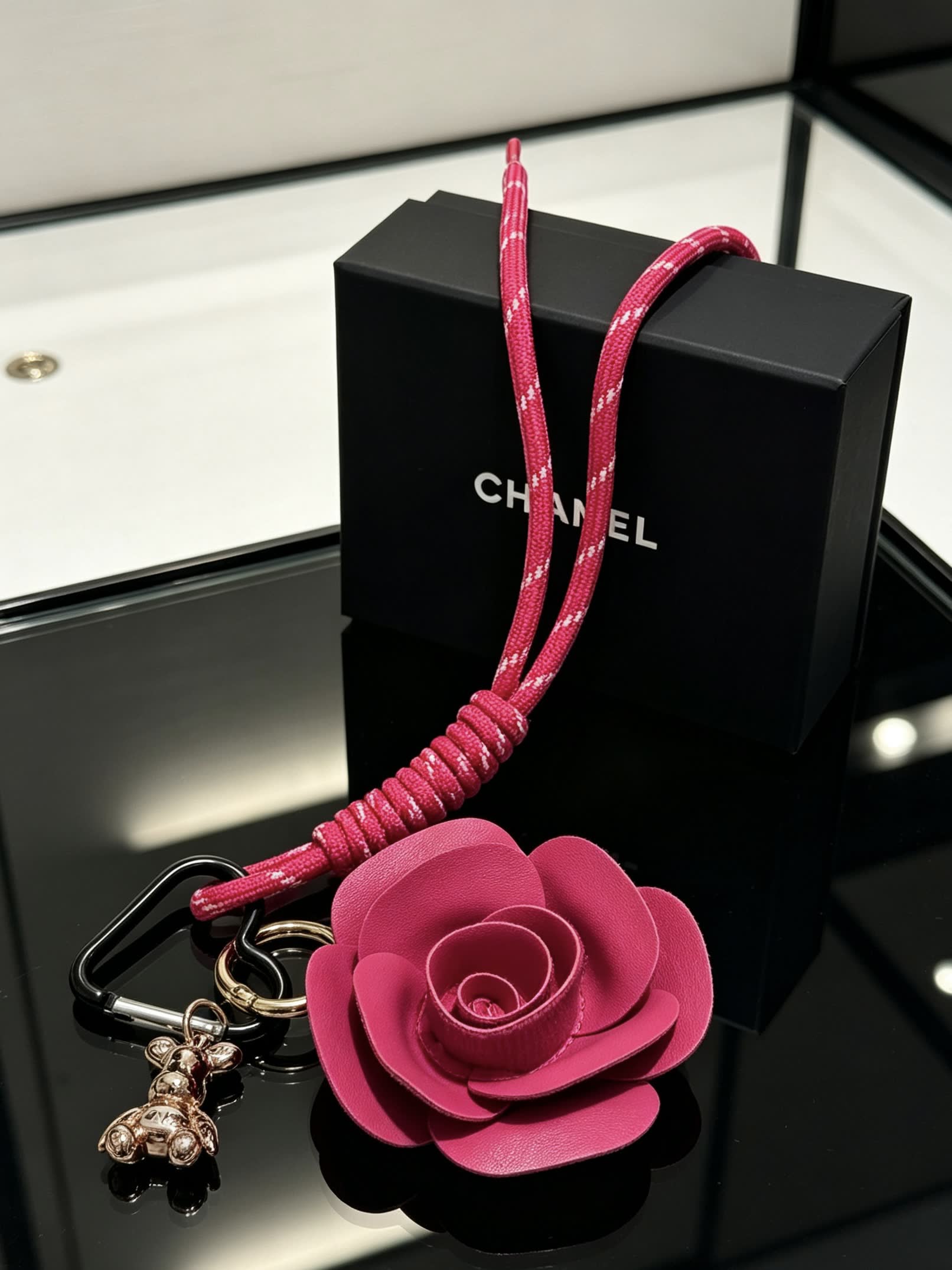 Chanel Pink Leather Rose Keychain