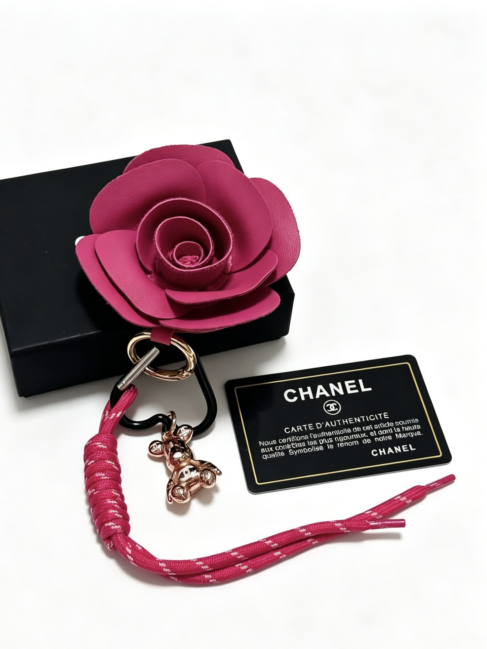 Chanel Pink Leather Rose Keychain
