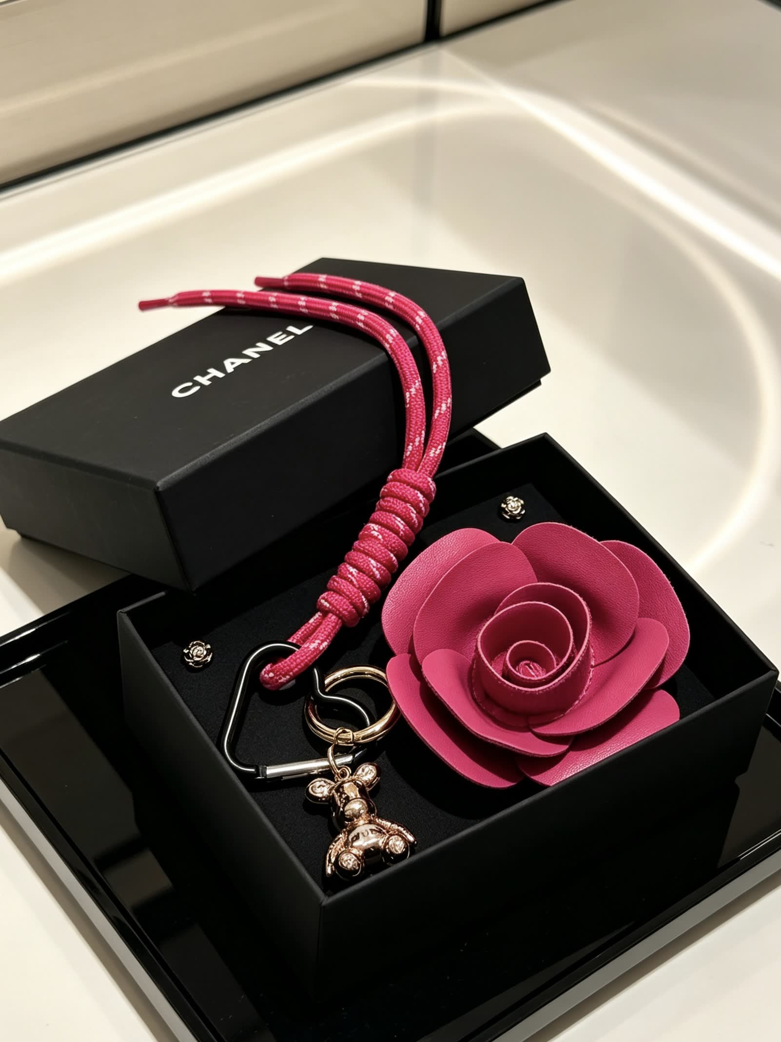 Chanel Pink Leather Rose Keychain