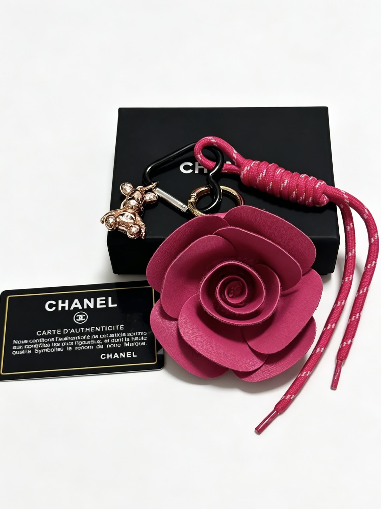 Chanel Pink Leather Rose Keychain