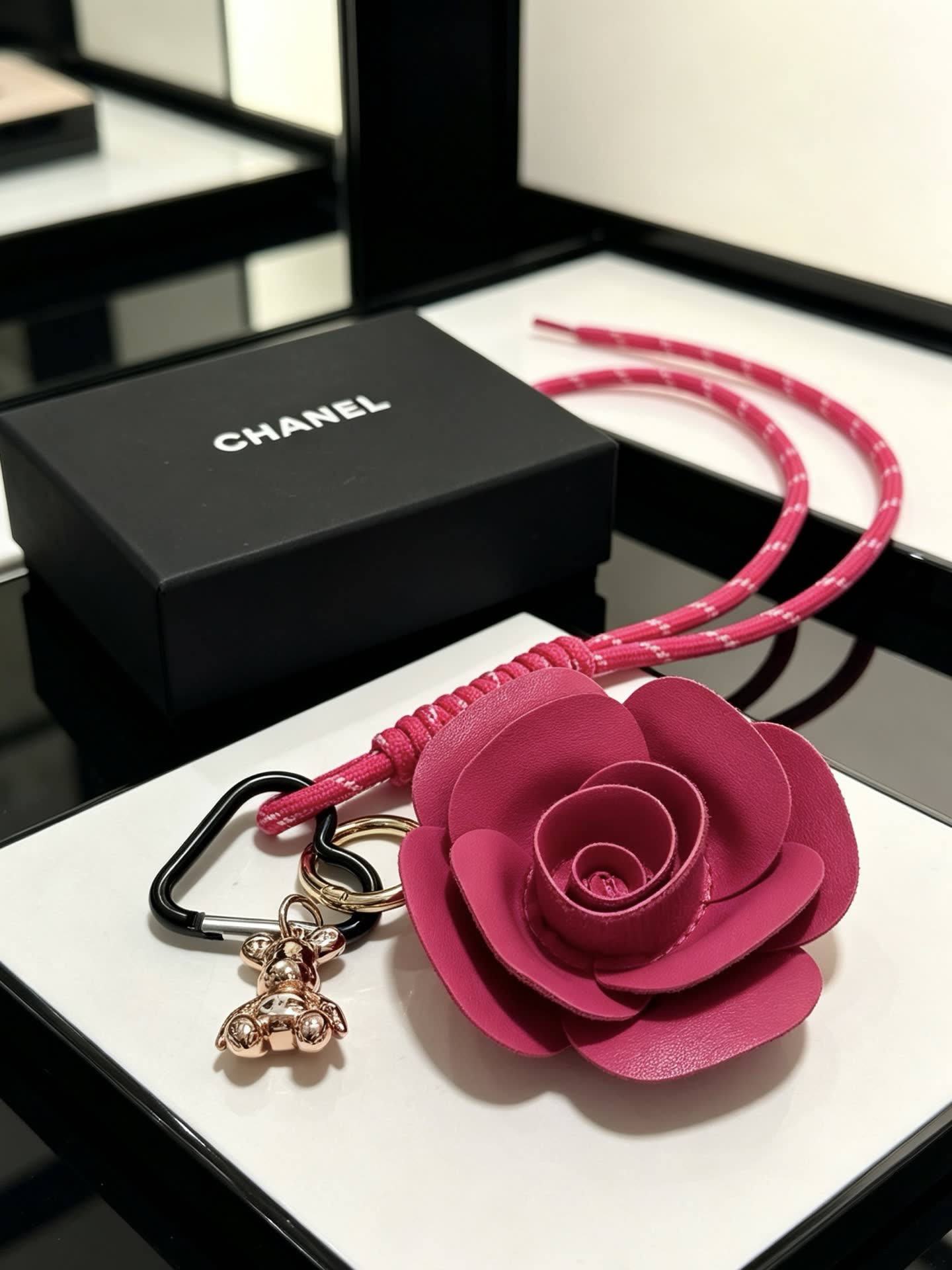 Chanel Pink Leather Rose Keychain