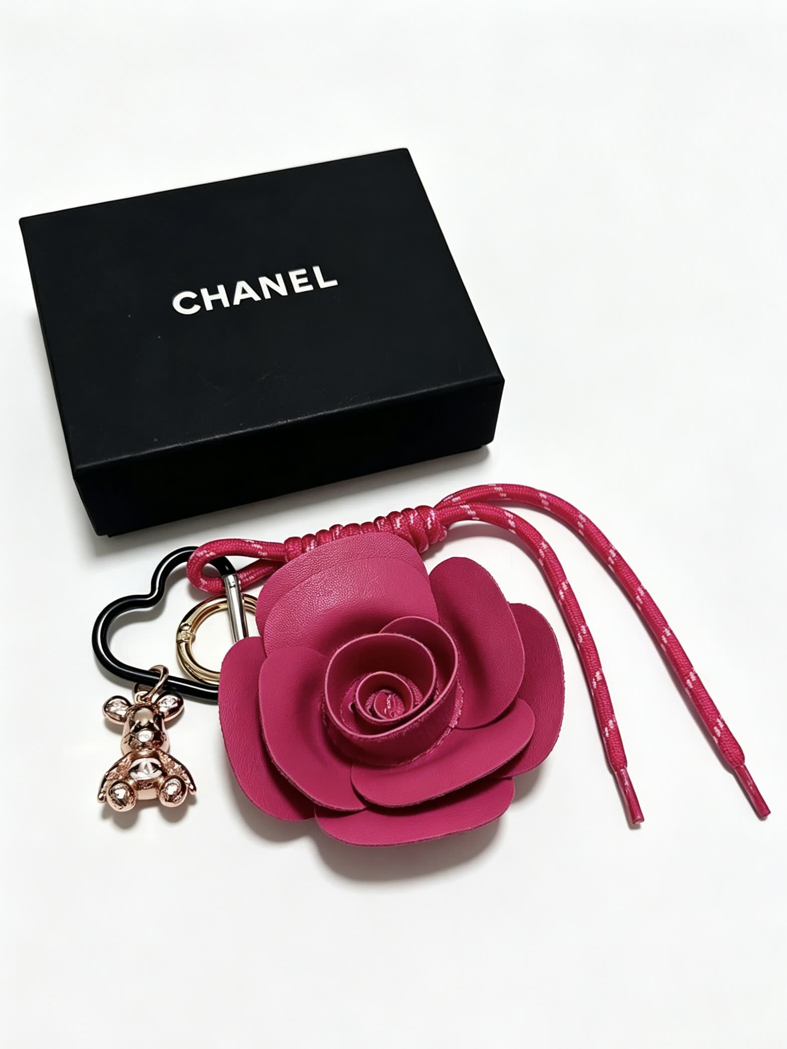 Chanel Pink Leather Rose Keychain