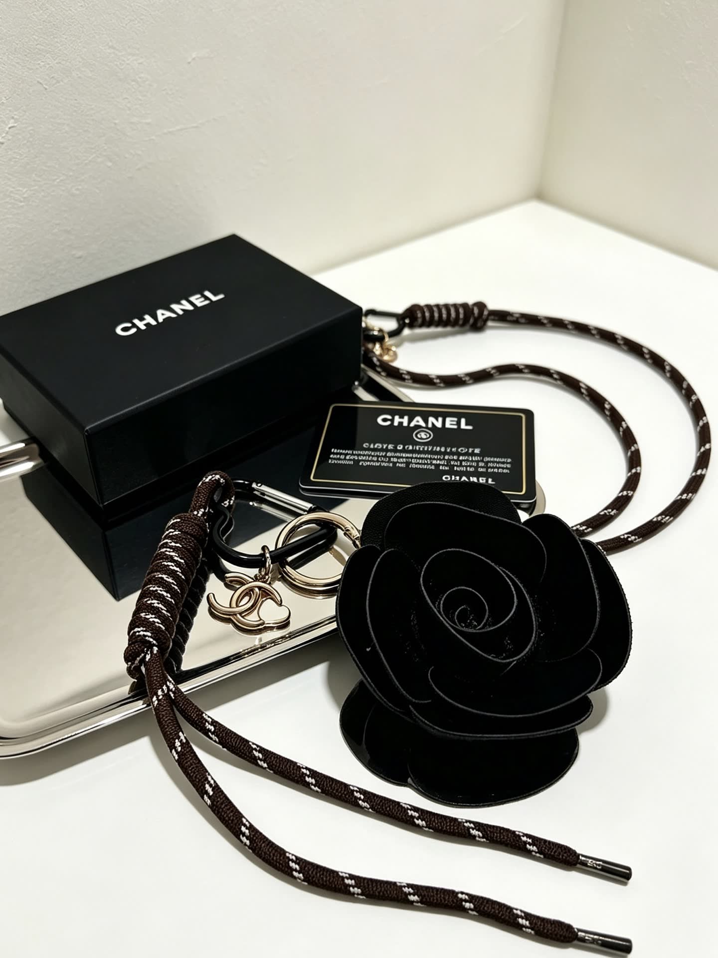 Chanel Black Leather Rose Keychain