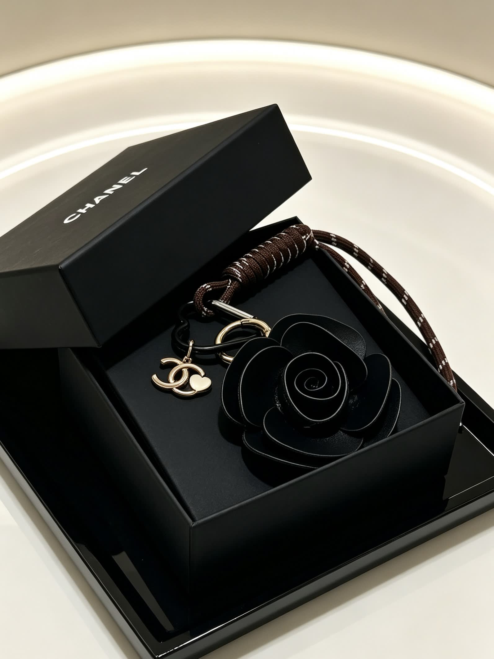 Chanel Black Leather Rose Keychain