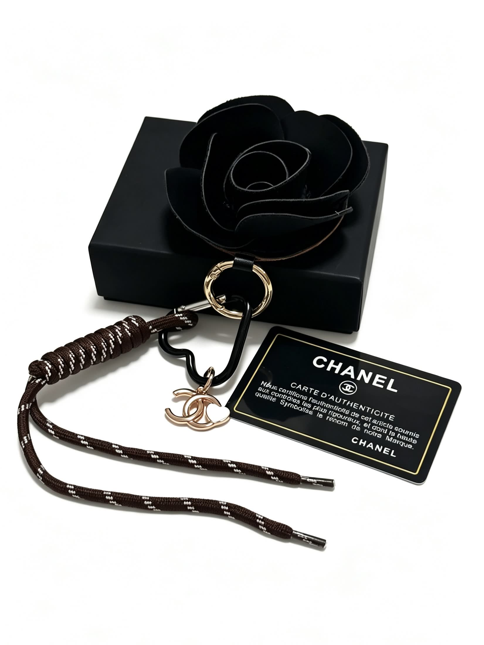 Chanel Black Leather Rose Keychain