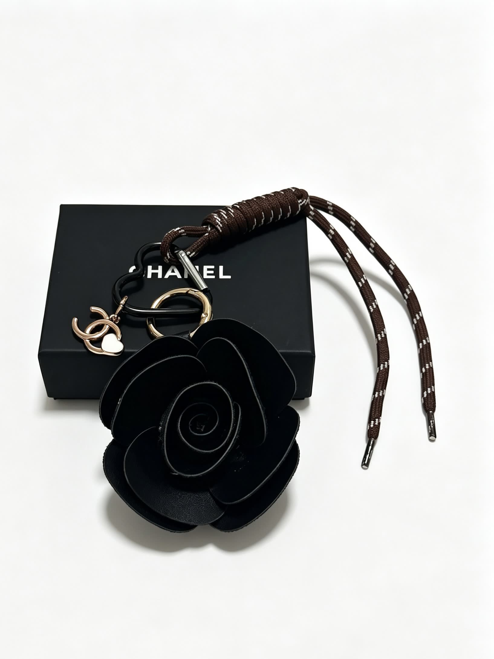 Chanel Black Leather Rose Keychain