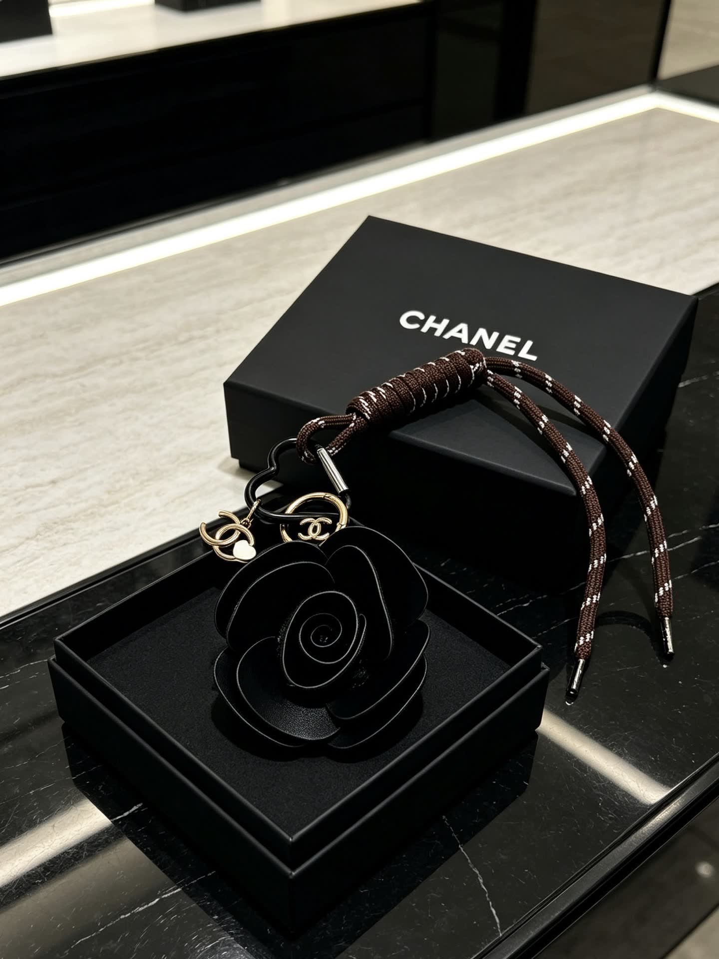 Chanel Black Leather Rose Keychain
