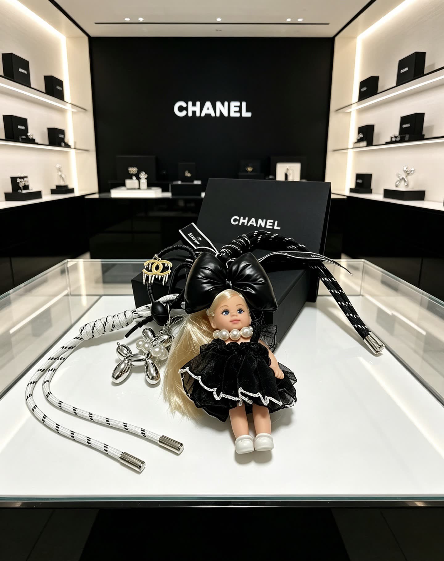 Chanel Black Leather Bow with Doll Charm Chanel Black Leather Bow with Doll Charm
