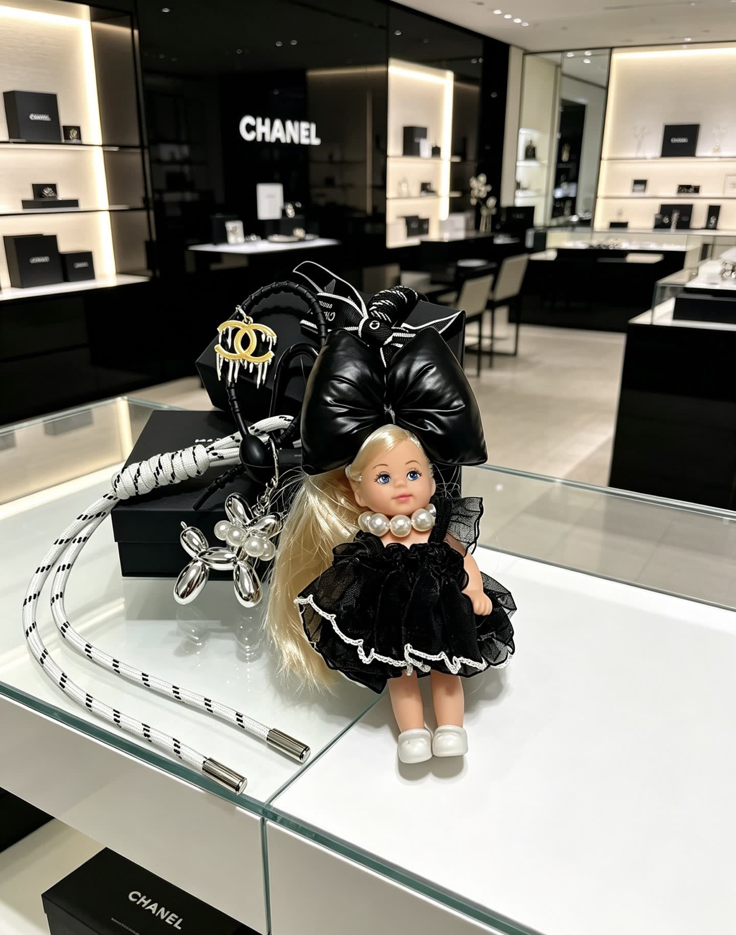 Chanel Black Leather Bow with Doll Charm