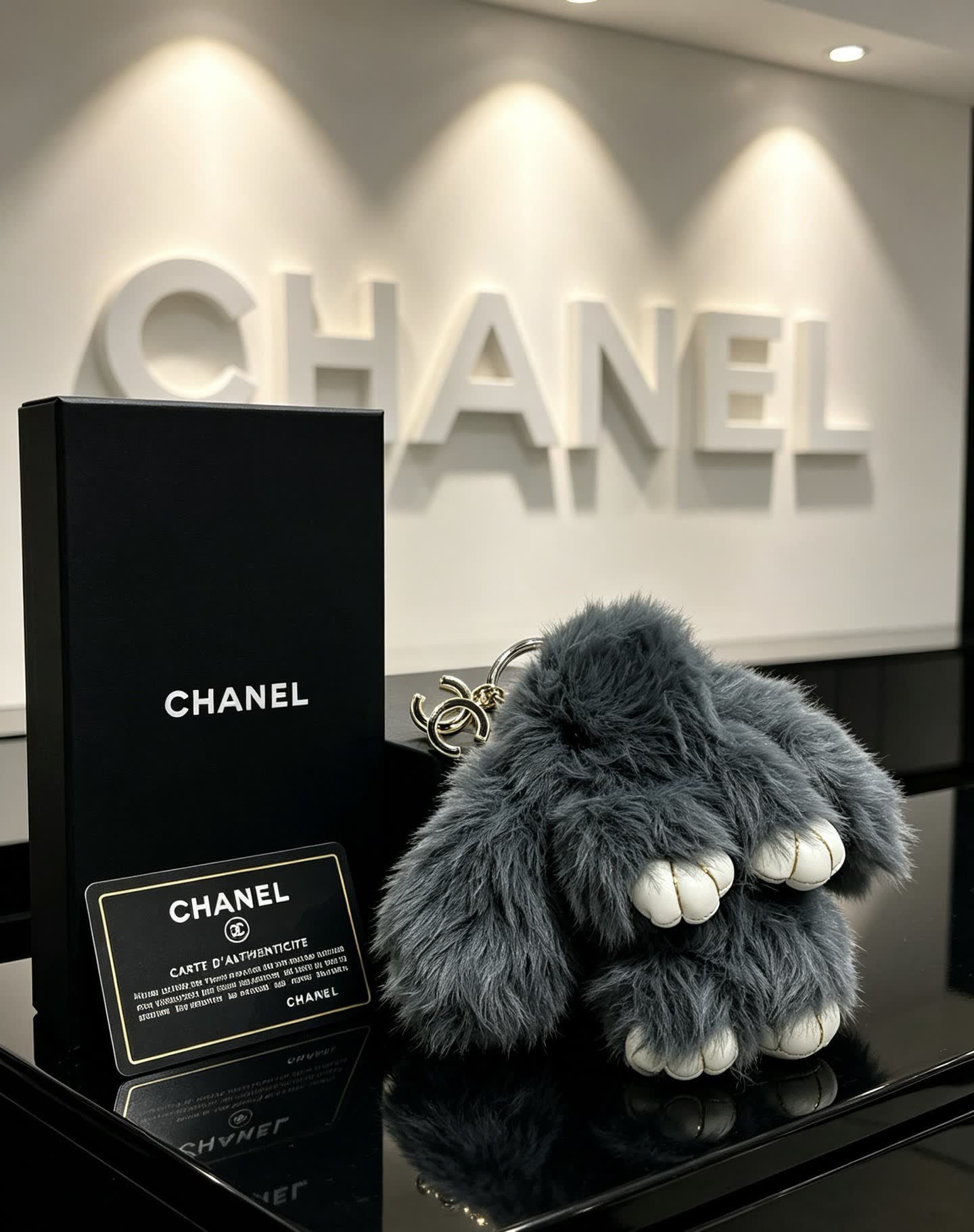 Chanel Grey Furry Keychain