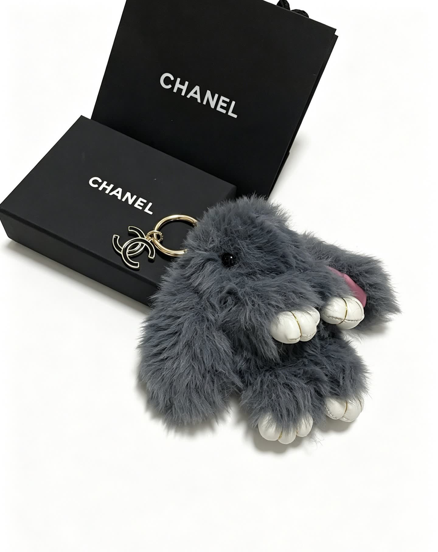 Chanel Grey Furry Keychain