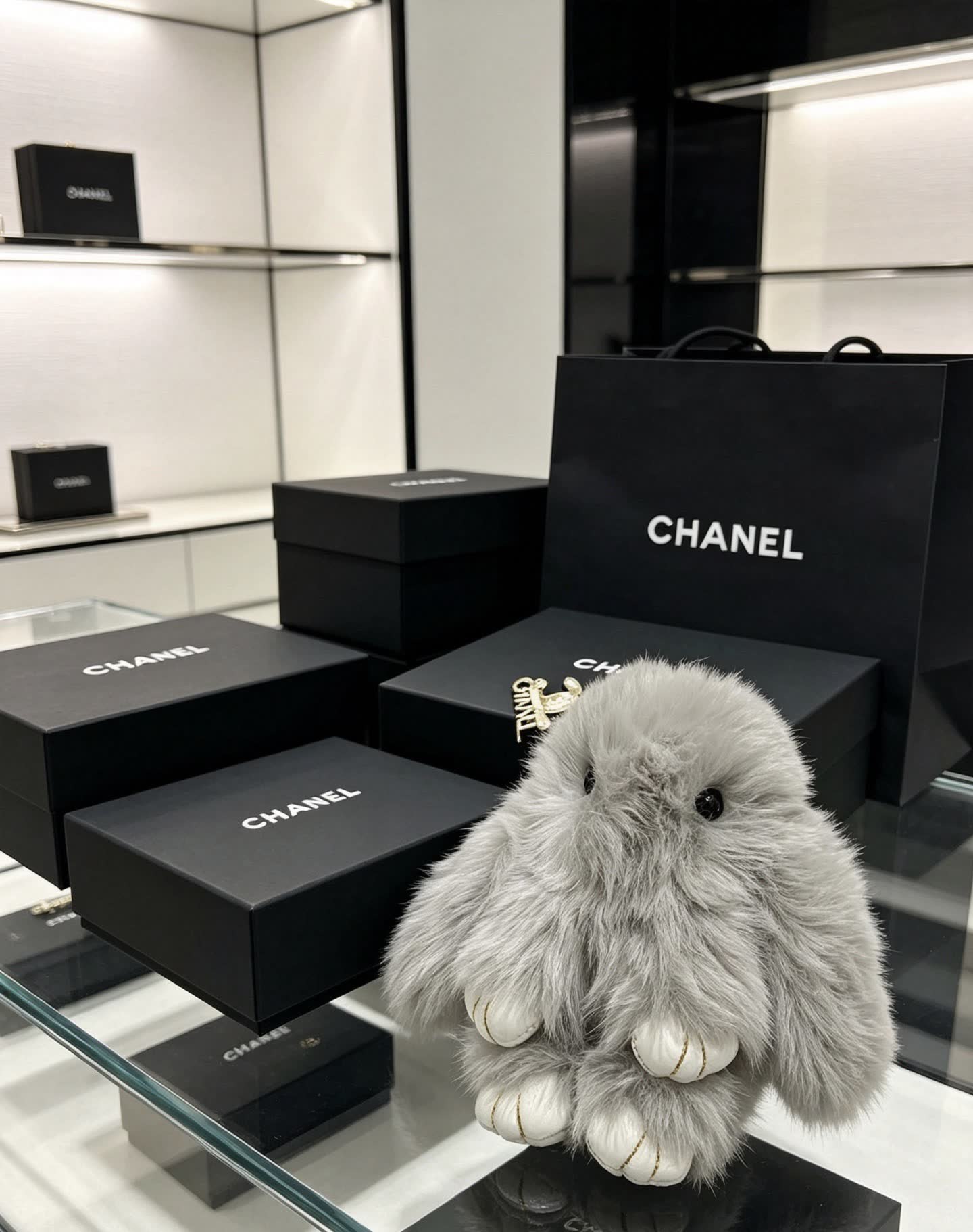 Chanel Gray Furry Keychain