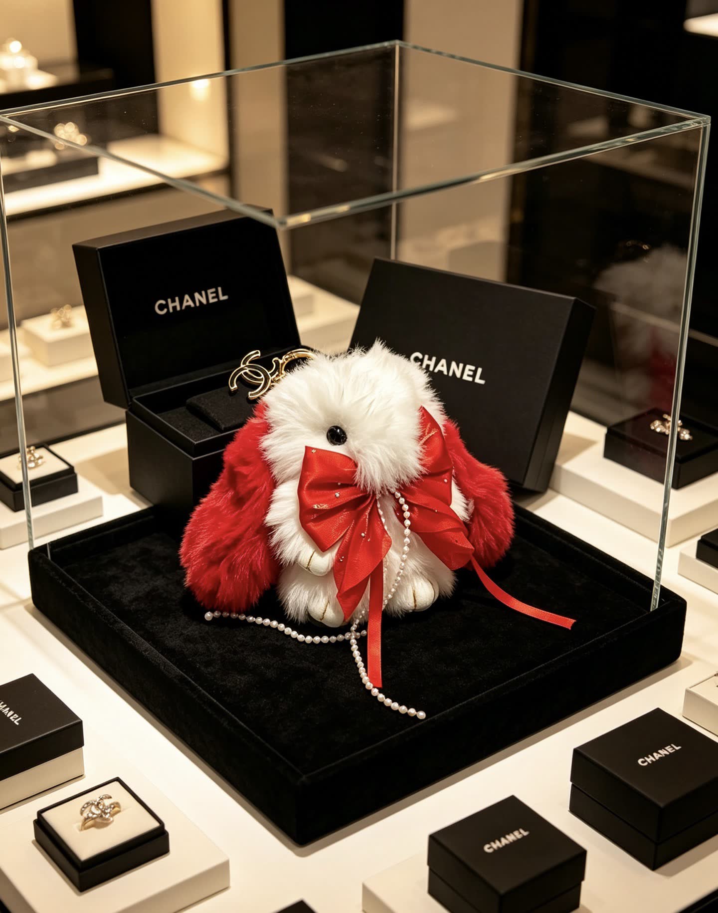 Chanel White and Red Furry Keychain
