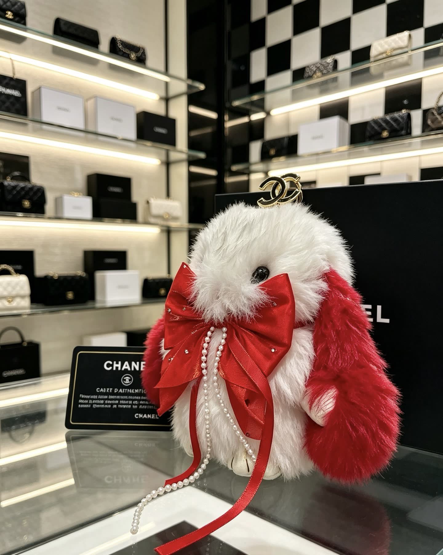 Chanel White and Red Furry Keychain