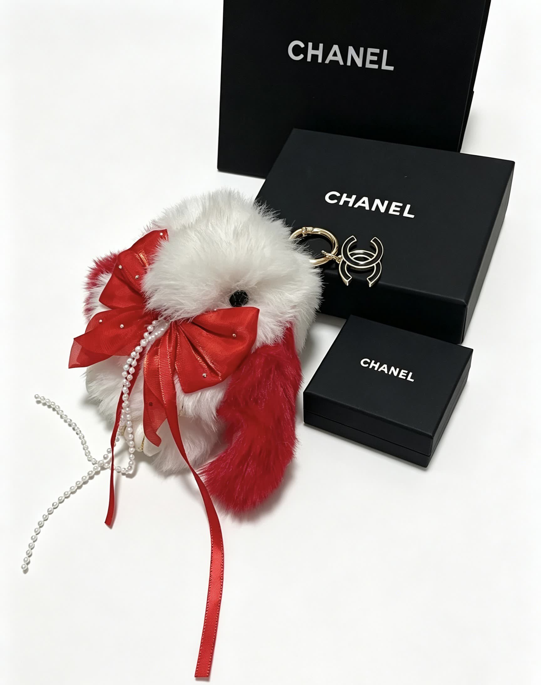 Chanel White and Red Furry Keychain