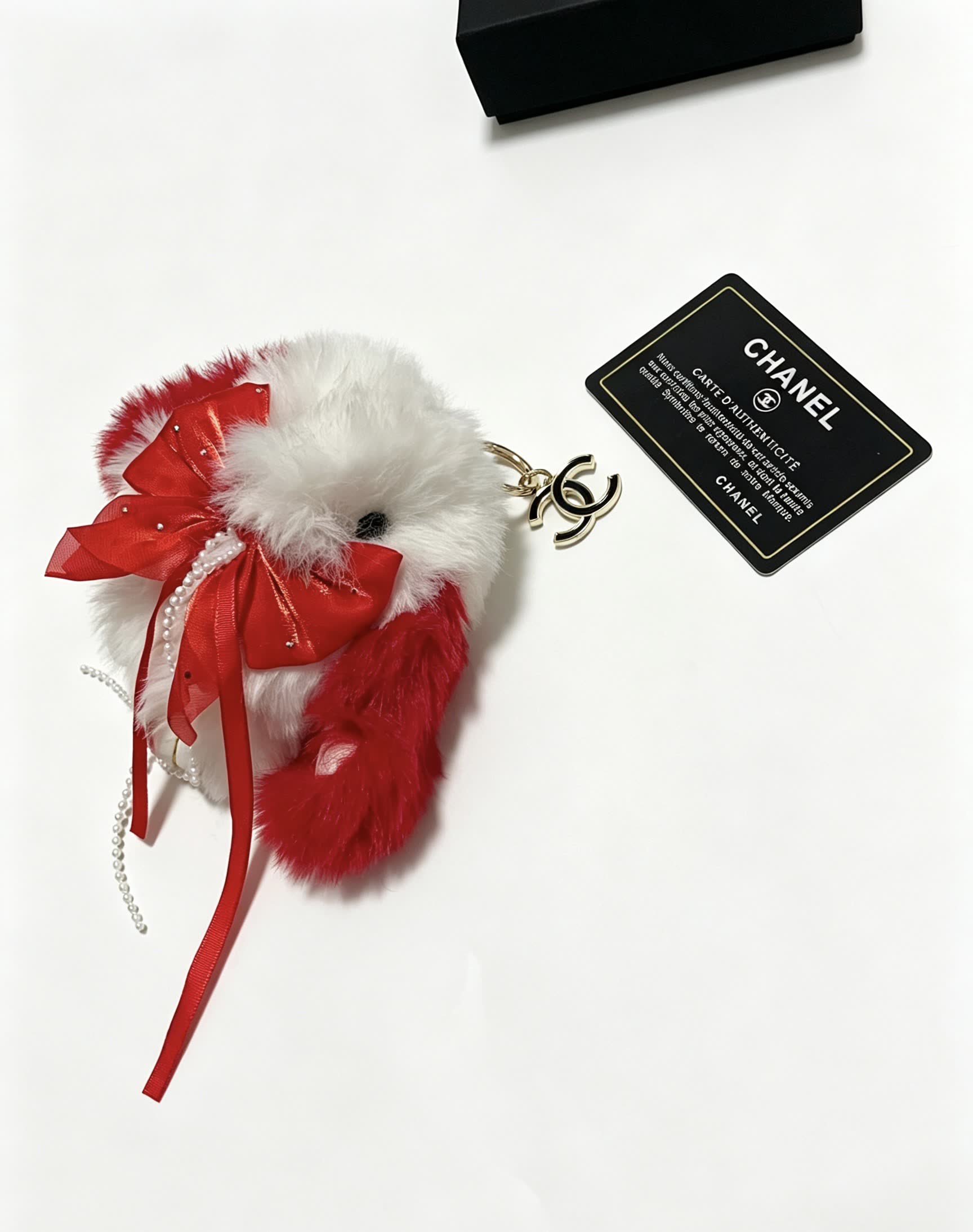 Chanel White and Red Furry Keychain