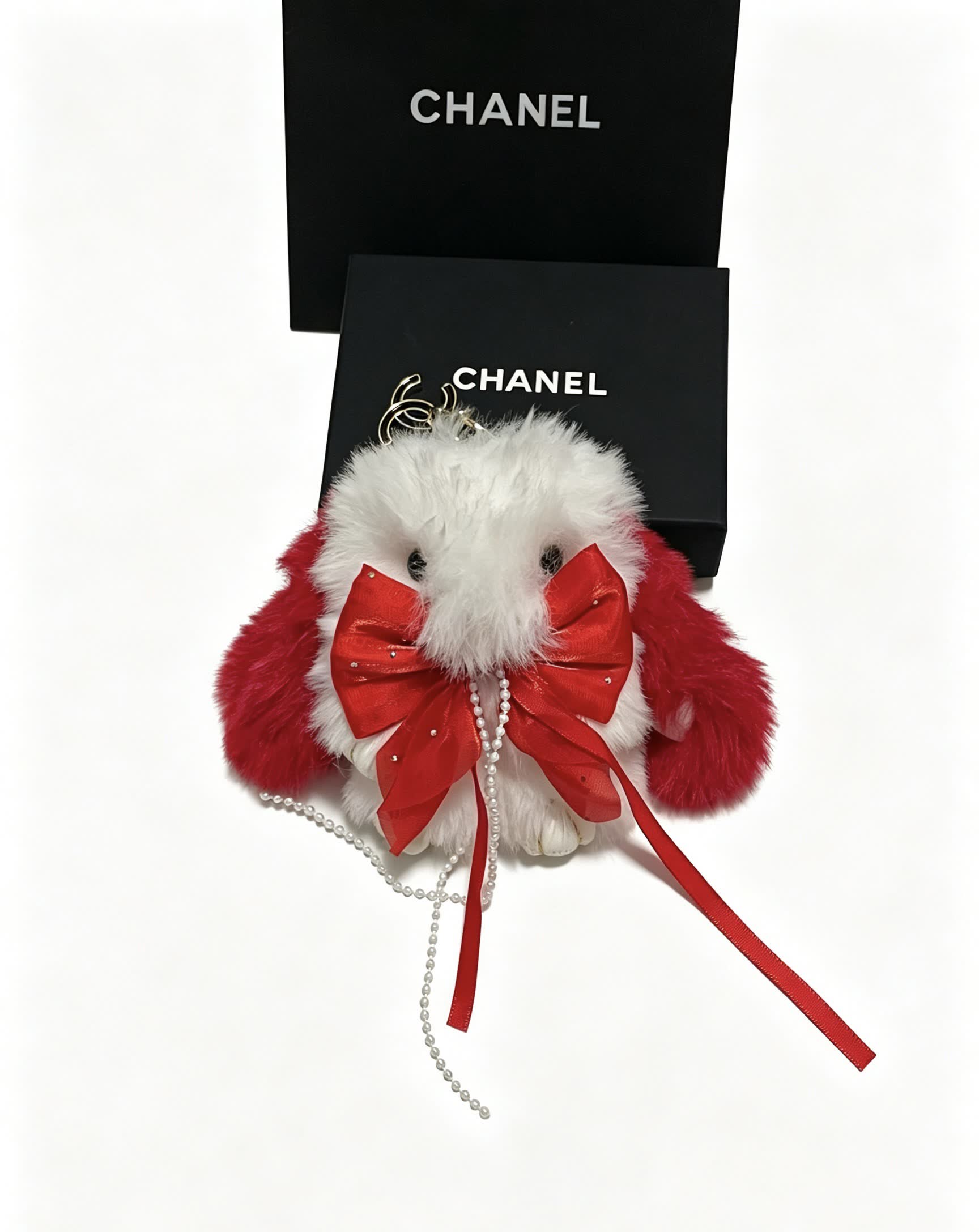 Chanel White and Red Furry Keychain
