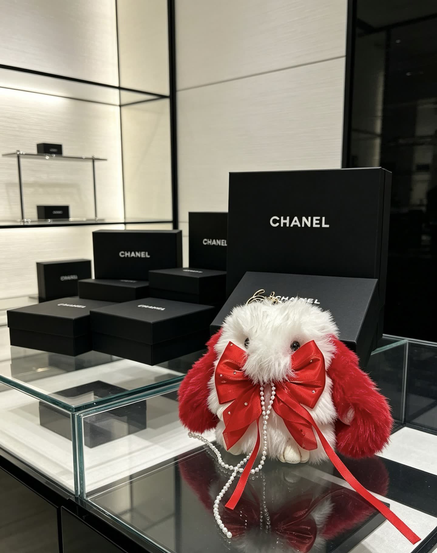 Chanel White and Red Furry Keychain