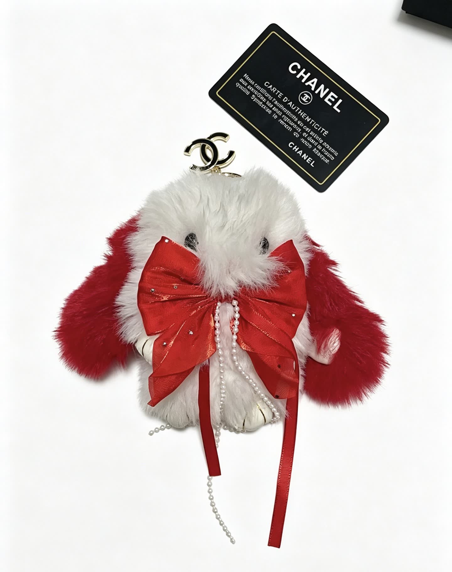 Chanel White and Red Furry Keychain